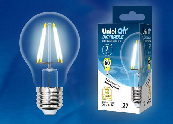 Изображение Лампа светодиодная филаментная (UL-00002874) Uniel E27 7W 4000K LED-A60-7W/NW/E27/CL/DIM GLA01TR