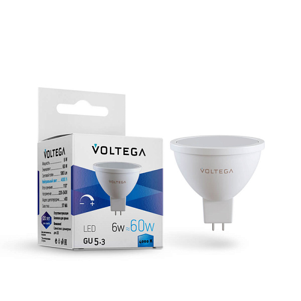 Изображение Лампа светодиодная диммируемая Voltega GU5.3 6W 4000K матовая VG2-S1GU5.3cold6W-D 7171