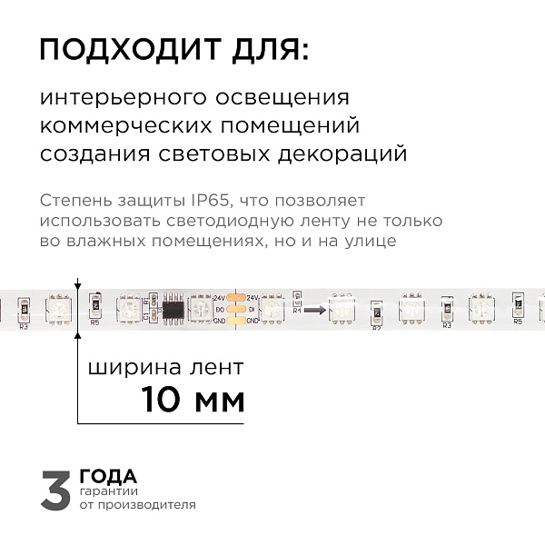 Изображение Комплект адресной светодиодной ленты Apeyron 24В 14,4Вт/м smd5050 60д/м IP65 2м RGB (адаптер питания, контроллер) 10-95