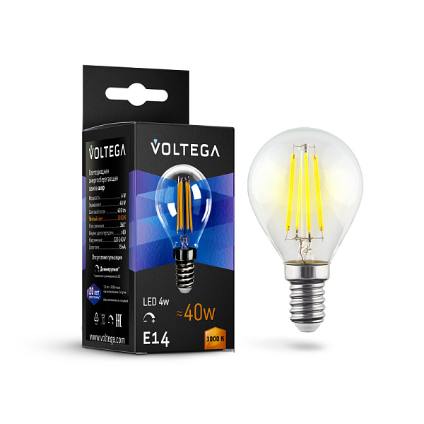 Изображение Лампа светодиодная филаментная диммируемая Voltega E14 5W 3000K шар прозрачный VG10-G1E14warm5W-FD 8464