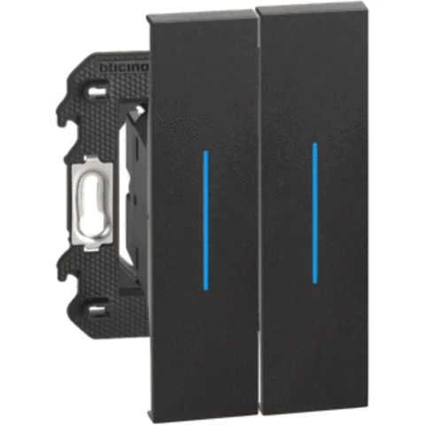 Изображение Выключатель двухклавишный с подсветкой синего цвета 10А винтовые клеммы 2 модуля