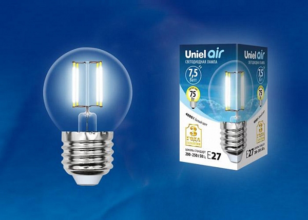 Изображение Лампа светодиодная филаментная (UL-00003252) Uniel E27 7,5W 3000K прозрачная LED-G45-7,5W/WW/E27/CL GLA01TR