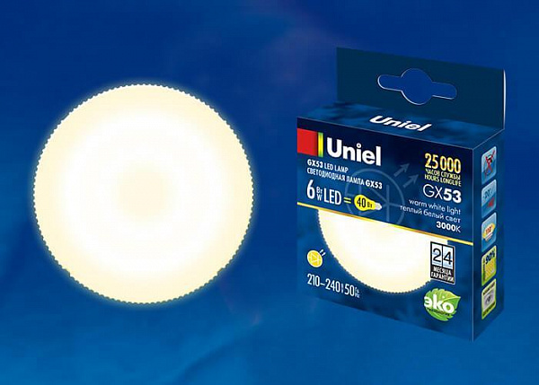 Изображение Лампа светодиодная (UL-00001670) Uniel GX53 6W 3000K матовая LED-GX53-6W/WW/GX53/FR PLZ01WH