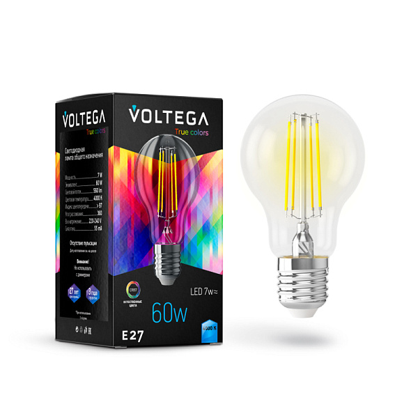 Изображение Лампа светодиодная филаментная Voltega E27 7W 4000K груша прозрачная VG10-A60E27cold7W-FHR 7155