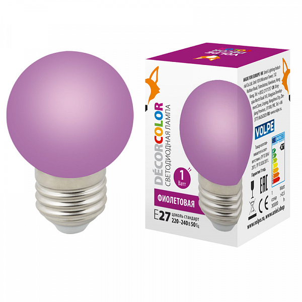 Изображение Лампа декоративная светодиодная (UL-00005652) Volpe E27 1W фиолетовая LED-G45-1W/PURPLE/E27/FR/С