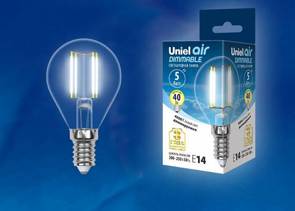 Изображение Лампа светодиодная филаментная (UL-00002870) Uniel E14 5W 4000K LED-G45-5W/NW/E14/CL/DIM GLA01TR