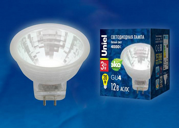 Изображение Лампа светодиодная (UL-00001700) Uniel GU4 3W 3000K прозрачная LED-MR11-3W/WW/GU4 GLZ21TR