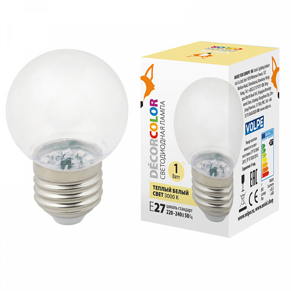 Изображение Лампа декоративная светодиодная (UL-00005807) Volpe E27 1W 3000K прозрачная LED-G45-1W/3000K/E27/CL/С
