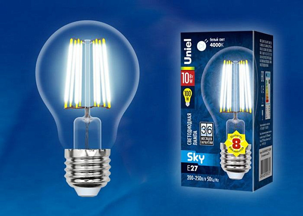 Изображение Лампа светодиодная филаментная (UL-00002626) Uniel E27 10W 4000K прозрачная LED-A60-10W/NW/E27/CL PLS02WH
