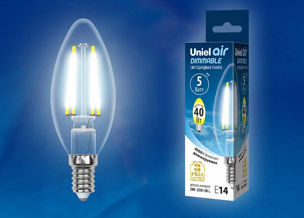 Изображение Лампа светодиодная филаментная (UL-00002862) Uniel E14 5W 4000K LED-C35-5W/NW/E14/CL/DIM GLA01TR
