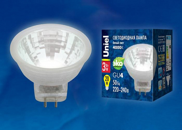 Изображение Лампа светодиодная (UL-00001702) Uniel GU4 3W 3000K прозрачная LED-MR11-3W/WW/GU4/220V GLZ21TR