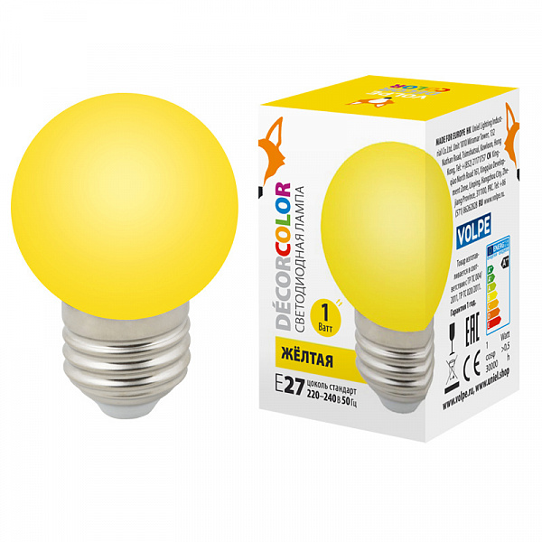 Изображение Лампа декоративная светодиодная (UL-00005649) Volpe E27 1W желтая LED-G45-1W/YELLOW/E27/FR/С
