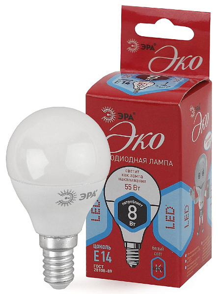 Изображение Лампа светодиодная Эра E14 8W 4000K ECO LED P45-8W-840-E14 Б0030023