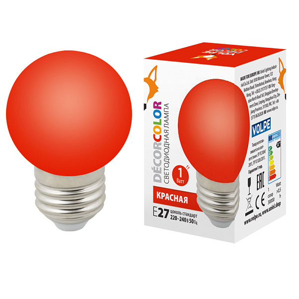 Изображение Лампа декоративная светодиодная (UL-00005646) Volpe E27 1W красная LED-G45-1W/RED/E27/FR/С