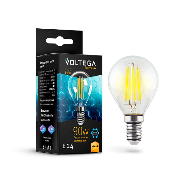 Изображение Лампа светодиодная филаментная Voltega E14 7W 2800K шар прозрачный VG10-G45E14warm9W-F 7136