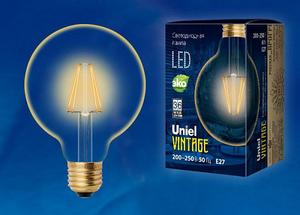 Изображение Лампа светодиодная филаментная (UL-00002358) Uniel E27 8W 2250K прозрачная LED-G125-8W/GOLDEN/E27 GLV21GO
