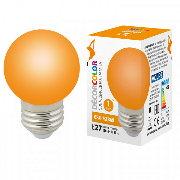 Изображение Лампа декоративная светодиодная (UL-00005650) Volpe E27 1W оранжевая LED-G45-1W/ORANGE/E27/FR/С