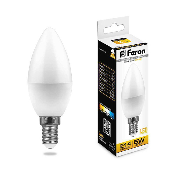 Изображение Лампа светодиодная Feron E14 5W 2700K Свеча Матовая LB-72 25400