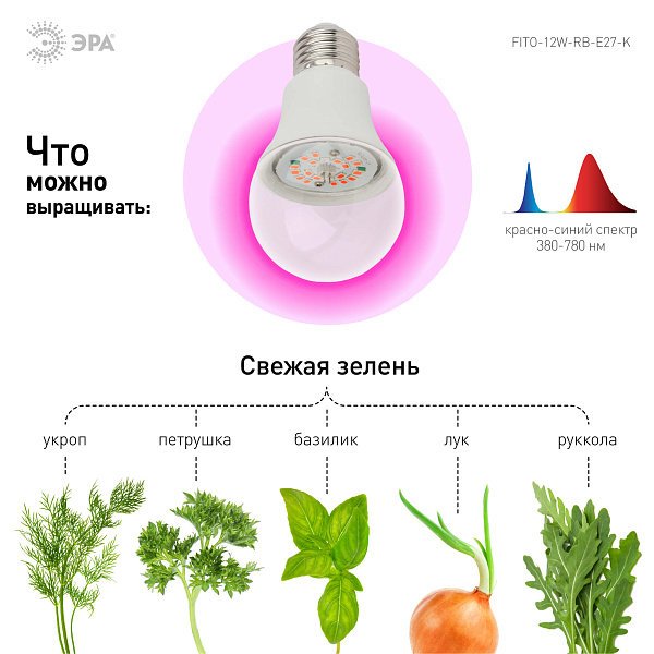Изображение Фитолампа для растений светодиодная ЭРА E27 12W 1310K FITO-12W-RB-E27-K Б0039070