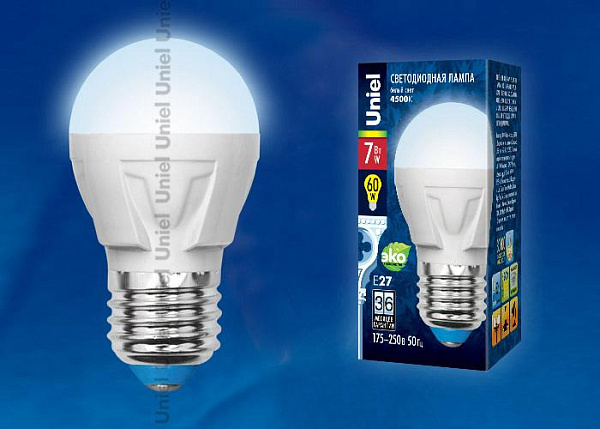 Изображение Лампа светодиодная (UL-00002417) Uniel E14 7W 4000K матовая LED-G45 7W/NW/E14/FR PLP01WH
