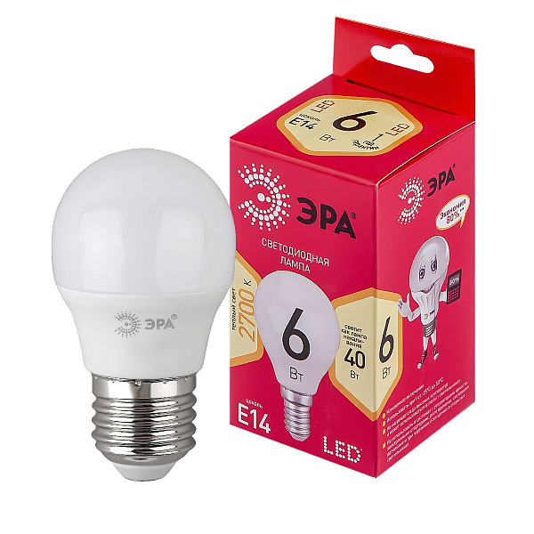 Изображение Лампа светодиодная Эра E14 6W 2700K LED P45-6W-827-E14 R Б0051058