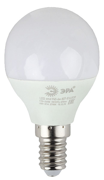 Изображение Лампа светодиодная Эра E14 6W 4000K ECO LED P45-6W-840-E14 Б0020628