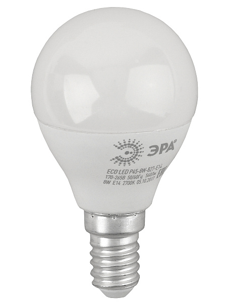 Изображение Лампа светодиодная Эра E14 8W 2700K ECO LED P45-8W-827-E14 Б0030022