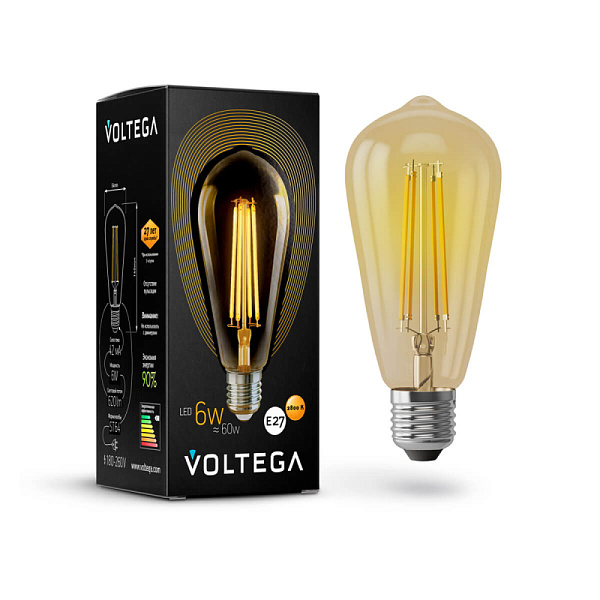 Изображение Лампа светодиодная филаментная Voltega E27 6W 2800К золотая VG10-ST64Gwarm6W 5526
