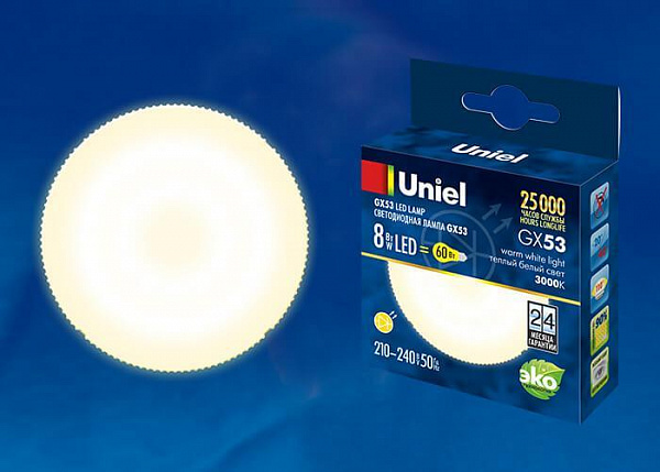 Изображение Лампа светодиодная (UL-00001672) Uniel GX53 8W 3000K матовая LED-GX53-8W/WW/GX53/FR PLZ01WH