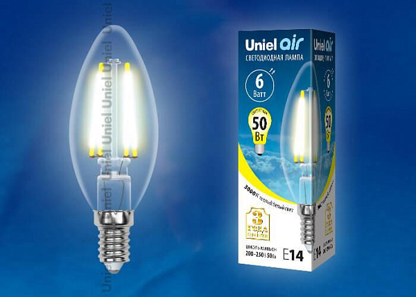 Изображение Лампа светодиодная филаментная Uniel E27 7W 3000K прозрачная LED-A60-7W/WW/E27/CL/MB GLM10TR