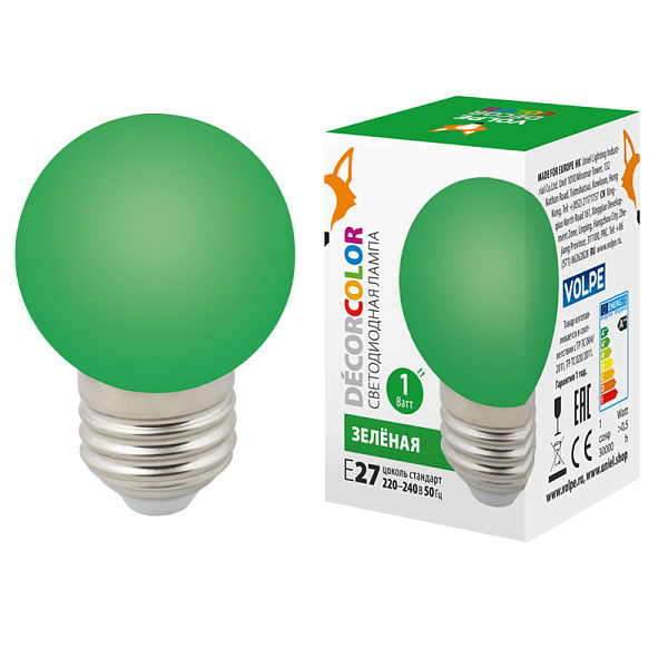 Изображение Лампа декоративная светодиодная (UL-00005648) Volpe E27 1W зеленая LED-G45-1W/GREEN/E27/FR/С