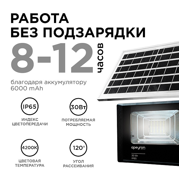Изображение Прожектор c солнечной панелью Apeyron батарея 6000МА (3.2 В, 6Aчас) 05-34