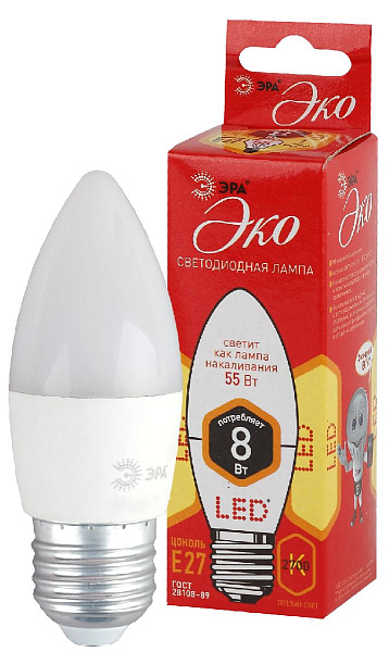 Изображение Лампа светодиодная Эра E27 8W 2700K ECO LED B35-8W-827-E27 Б0030020