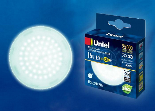 Изображение Лампа светодиодная (UL-00003725) Uniel GX53 16W 4000K матовая LED-GX53-16W/NW/GX53/FR PLZ01WH