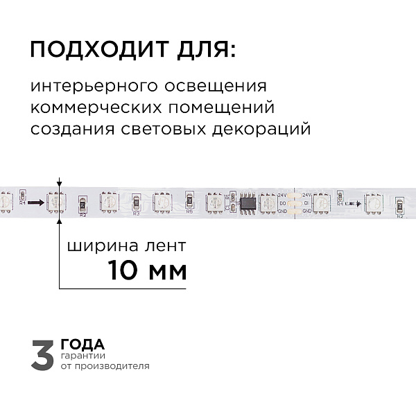 Изображение Комплект адресной светодиодной ленты Apeyron 24В 14,4Вт/м smd5050 60д/м IP20 2м RGB (адаптер питания, контроллер) 10-91