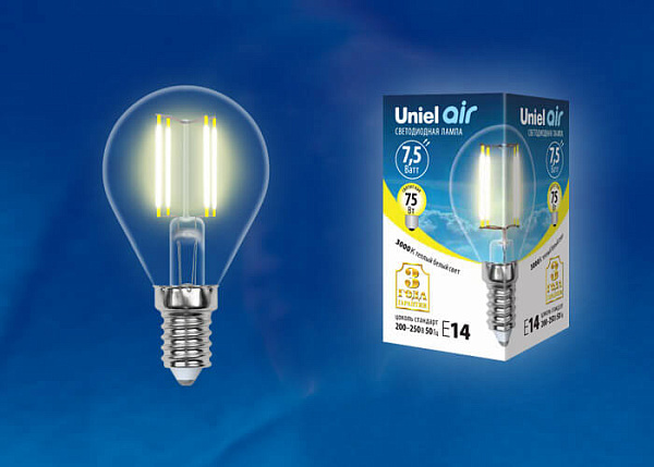 Изображение Лампа светодиодная филаментная (UL-00003250) Uniel E14 7,5W 3000K прозрачная LED-G45-7,5W/WW/E14/CL GLA01TR