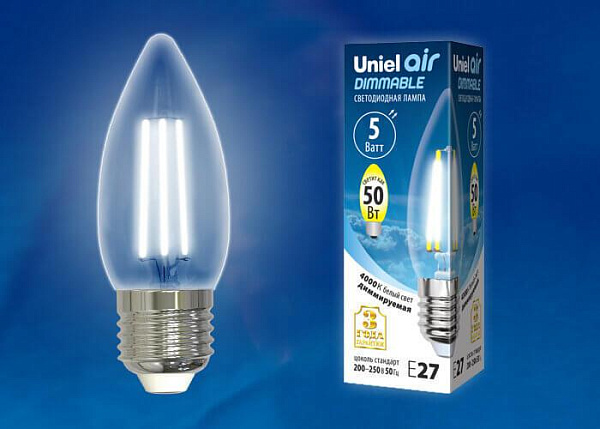 Изображение Лампа светодиодная филаментная диммируемая (UL-00003642) Uniel E27 5W 4000K прозрачная LED-C35-5W/NW/E27/CL/DIM GLA01TR