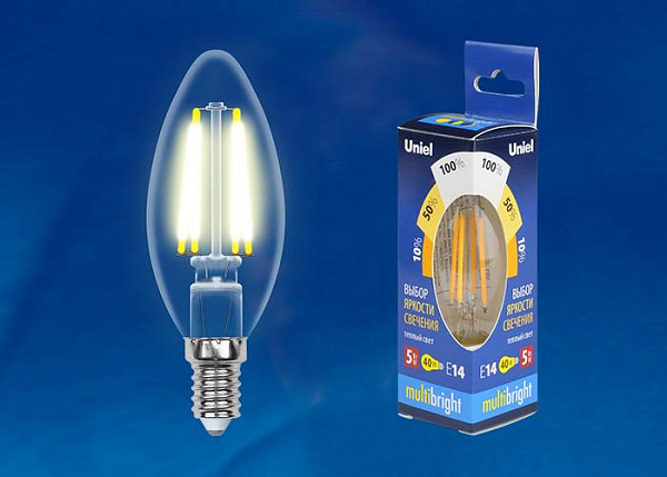 Изображение Лампа светодиодная филаментная Uniel E14 5W 3000K прозрачная LED-CW35-5W/WW/E14/CL/MB GLM10TR